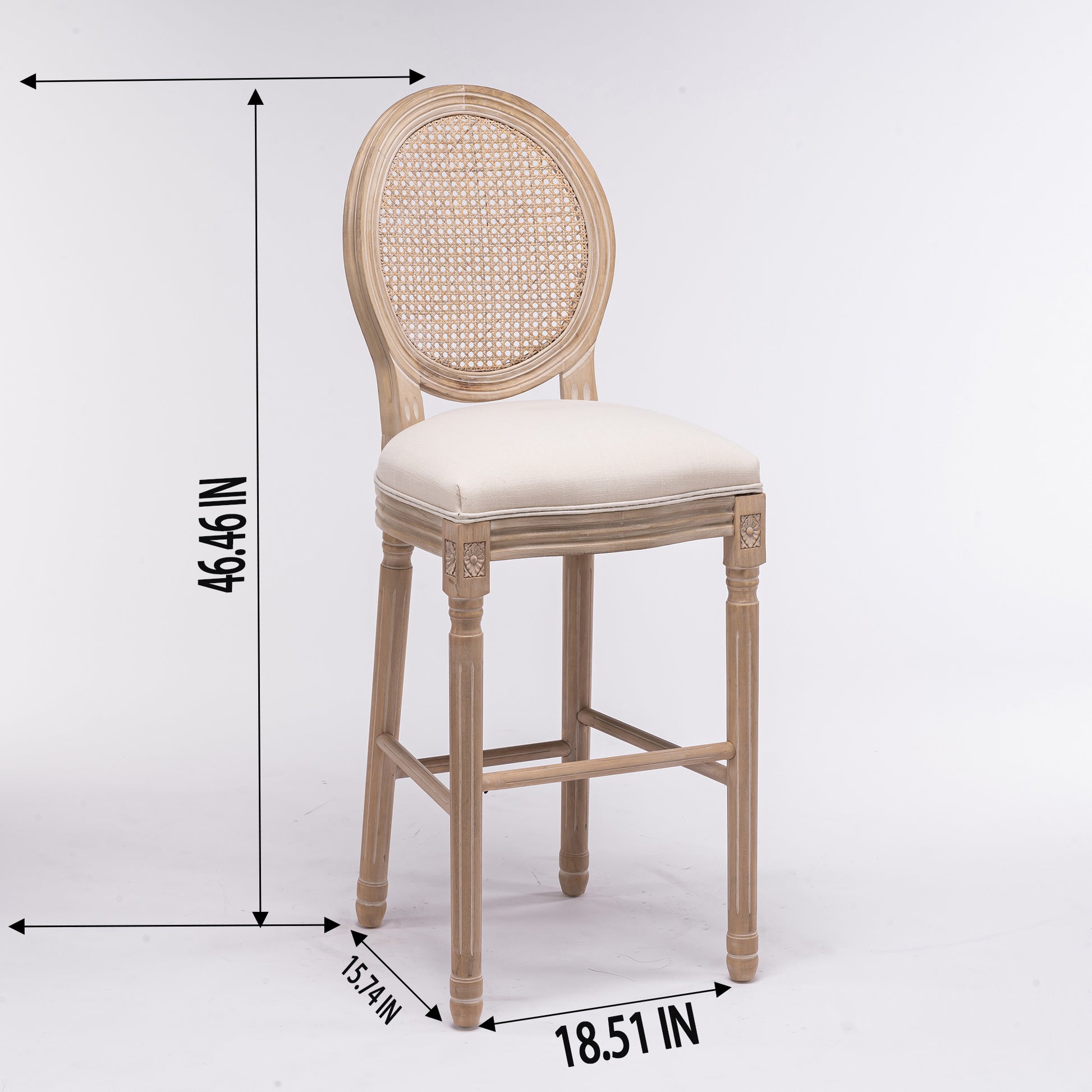 Antiquestyle bar stool with cane back and upholstered seat