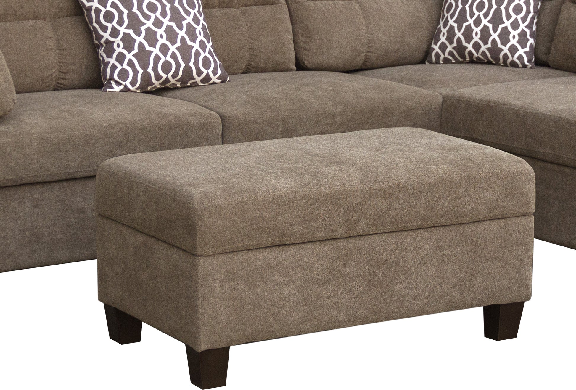 Brown fabric ottoman with dark wood legs perfect accent for living room seating