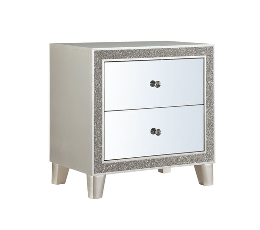 Silver mirrored nightstand with two drawers crystal knobs and glitter trim