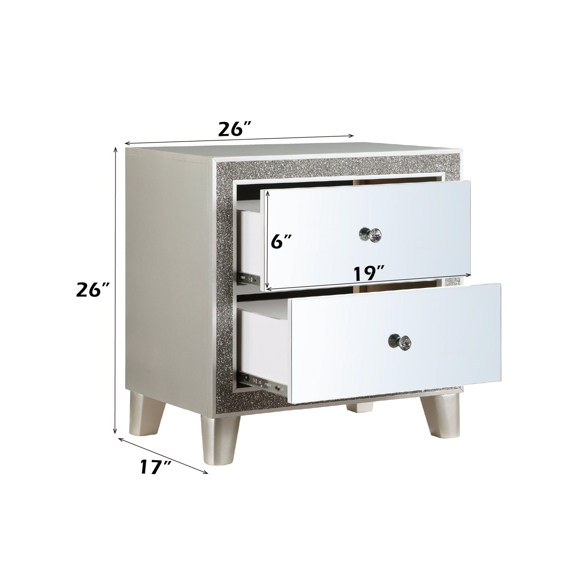 Glamorous mirrored nightstand with two drawers and crystal knobs