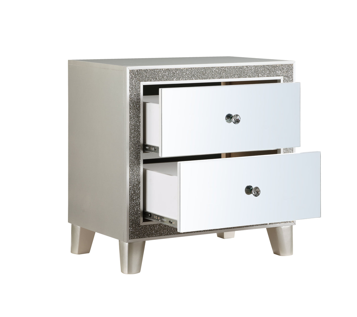 Glamorous mirrored nightstand with two drawers and crystal knobs perfect for bedroom storage
