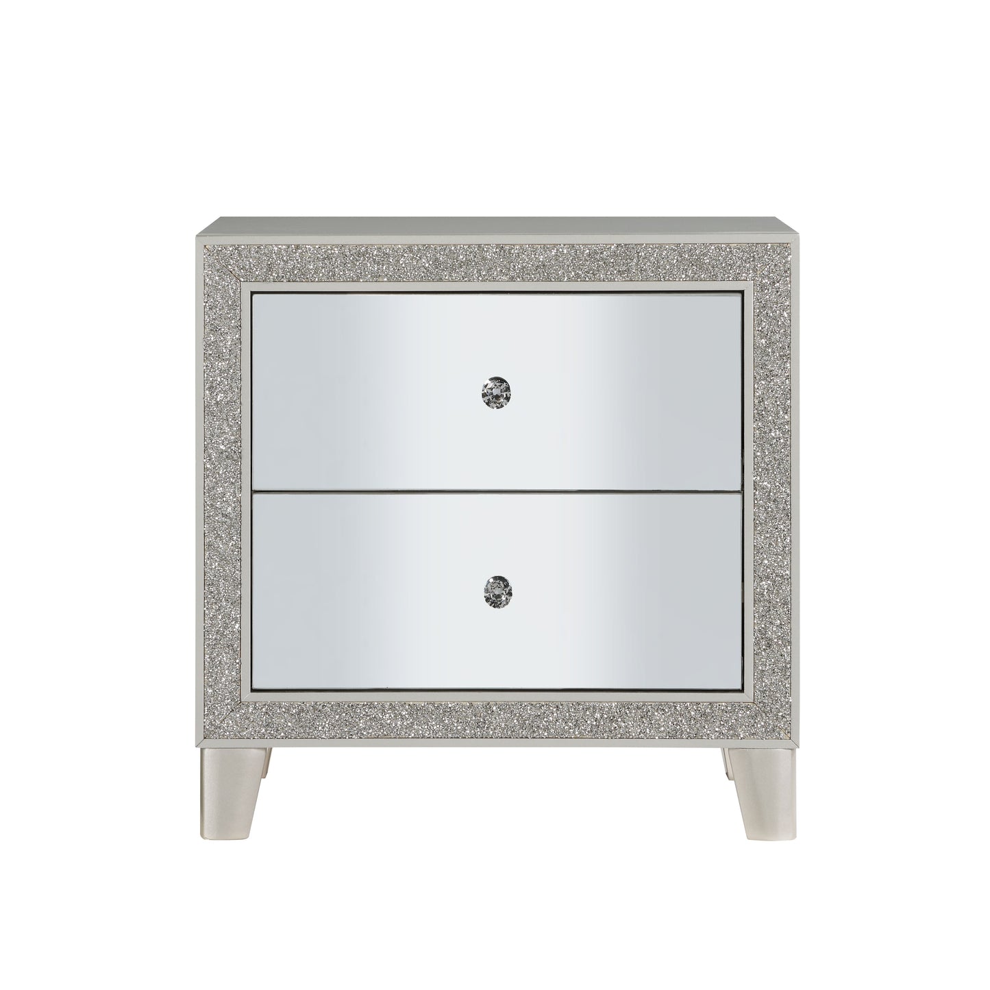 Glamorous mirrored nightstand with crystal knob and glitter border accent