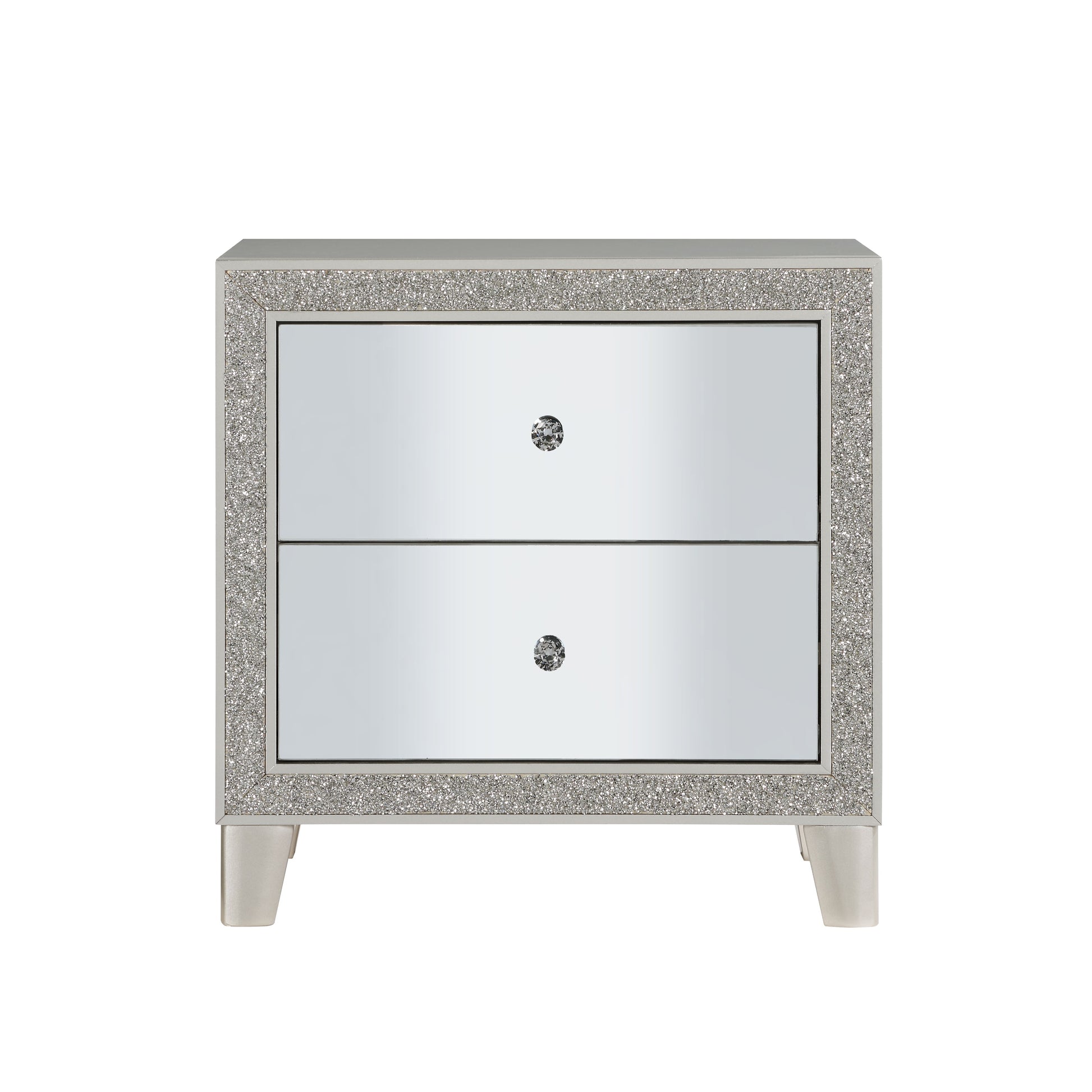 Glamorous mirrored nightstand with crystal knob and glitter border accent