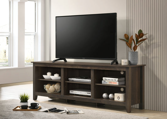 Dark brown wood TV stand with open shelves for media devices and decor