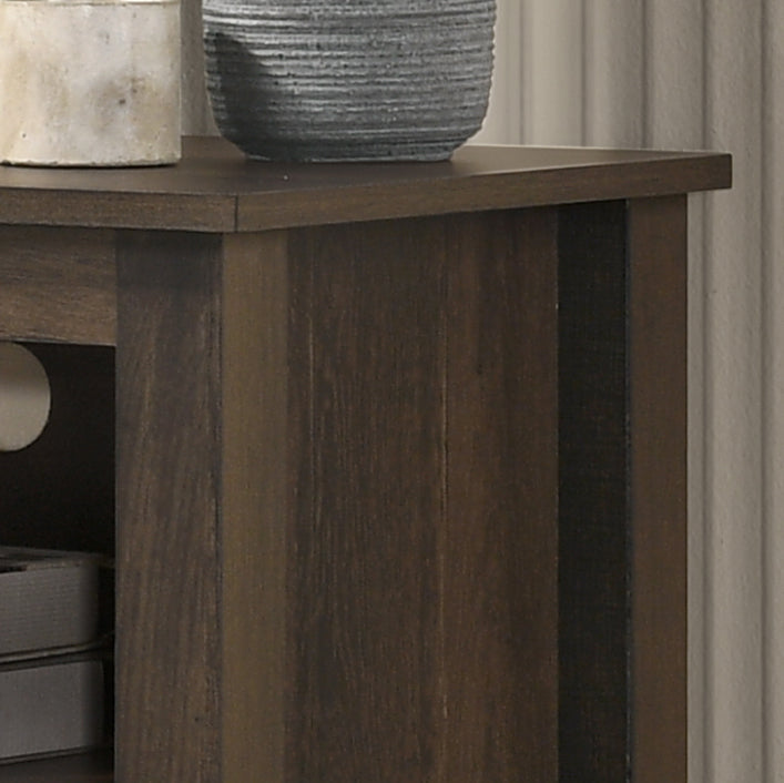 Dark walnut woodgrain TV stand corner detail textured surface modern design for living room