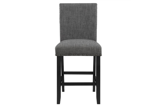 Gray upholstered bar stool with silver nailhead trim and dark wood legs