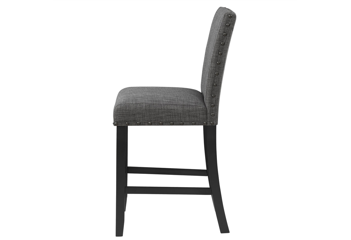 Grey upholstered bar stool with nailhead trim and dark wooden legs perfect for modern kitchens