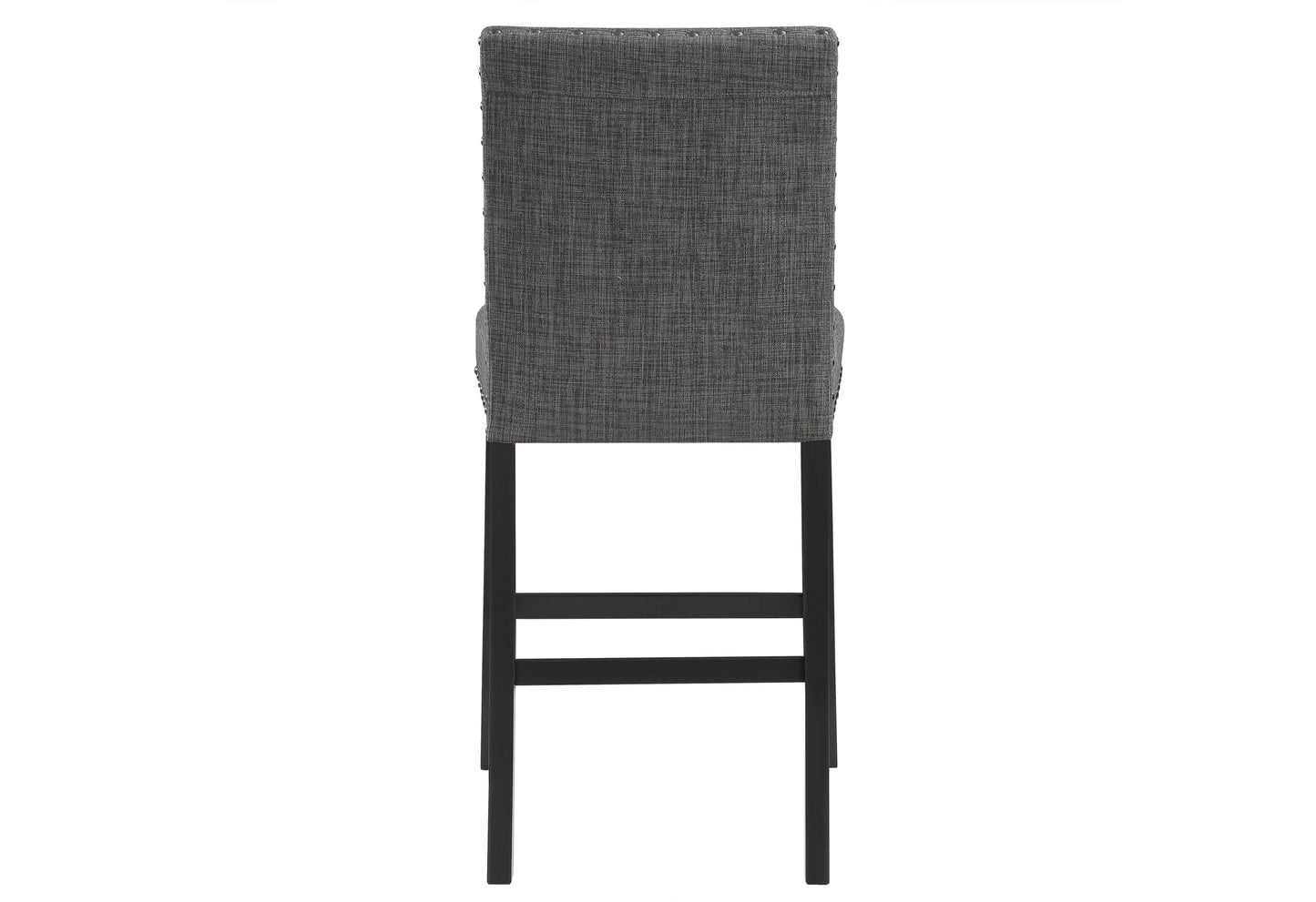 Dark gray upholstered bar stool with silver nailhead trim elegant tufted backrest and black wooden legs