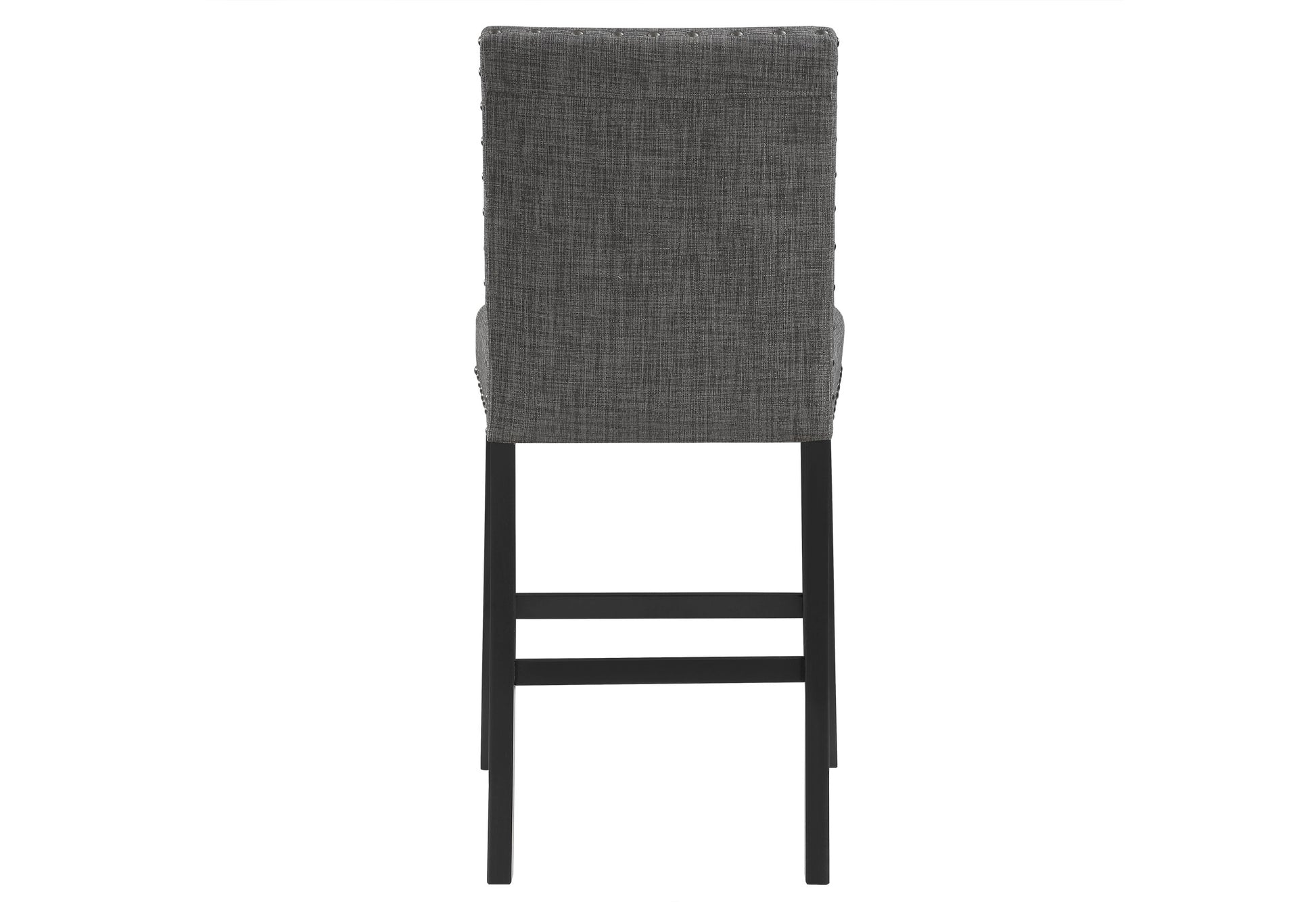 Dark gray upholstered bar stool with silver nailhead trim elegant tufted backrest and black wooden legs