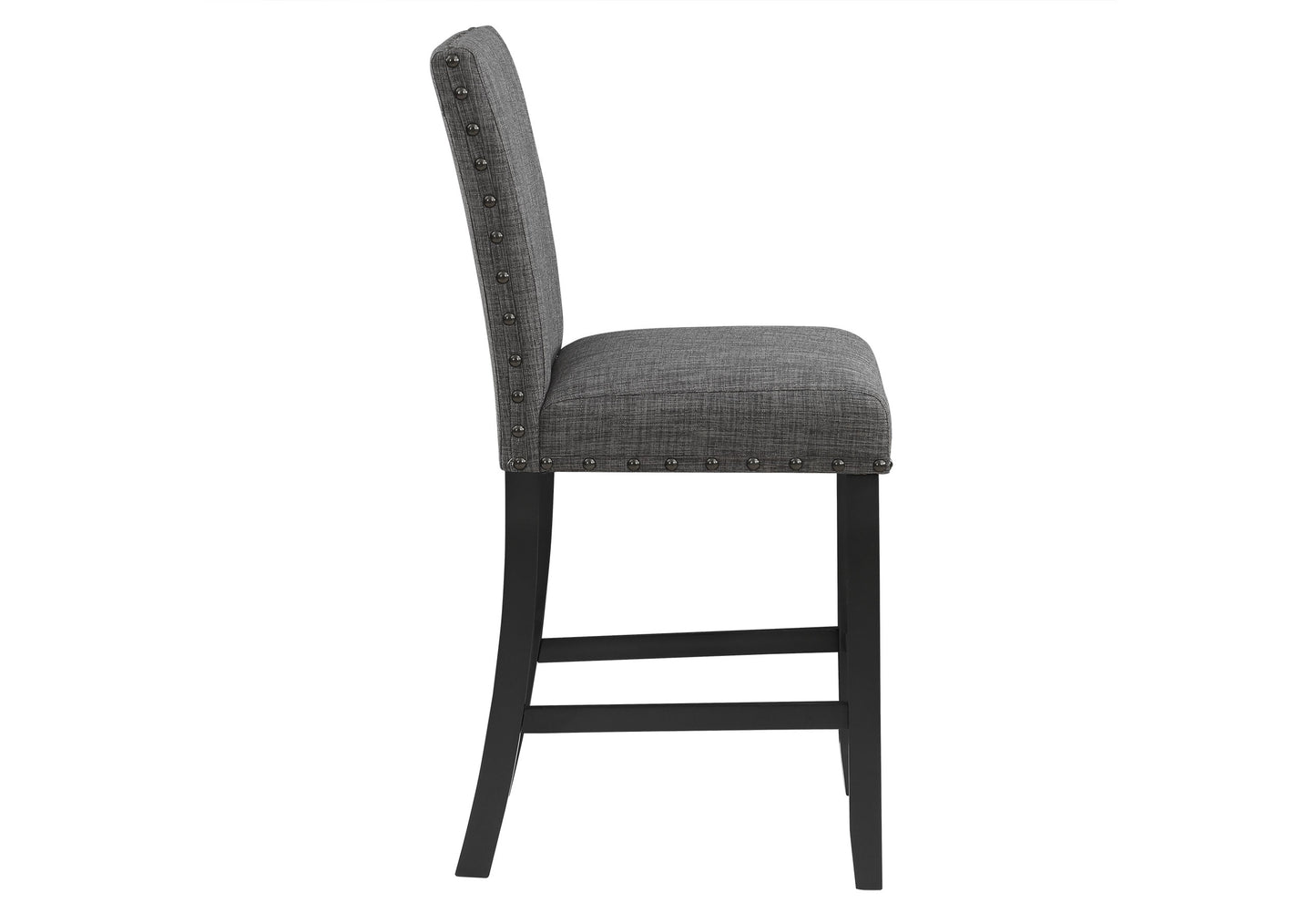 Dark grey upholstered bar stool with silver nailhead trim and black wooden legs