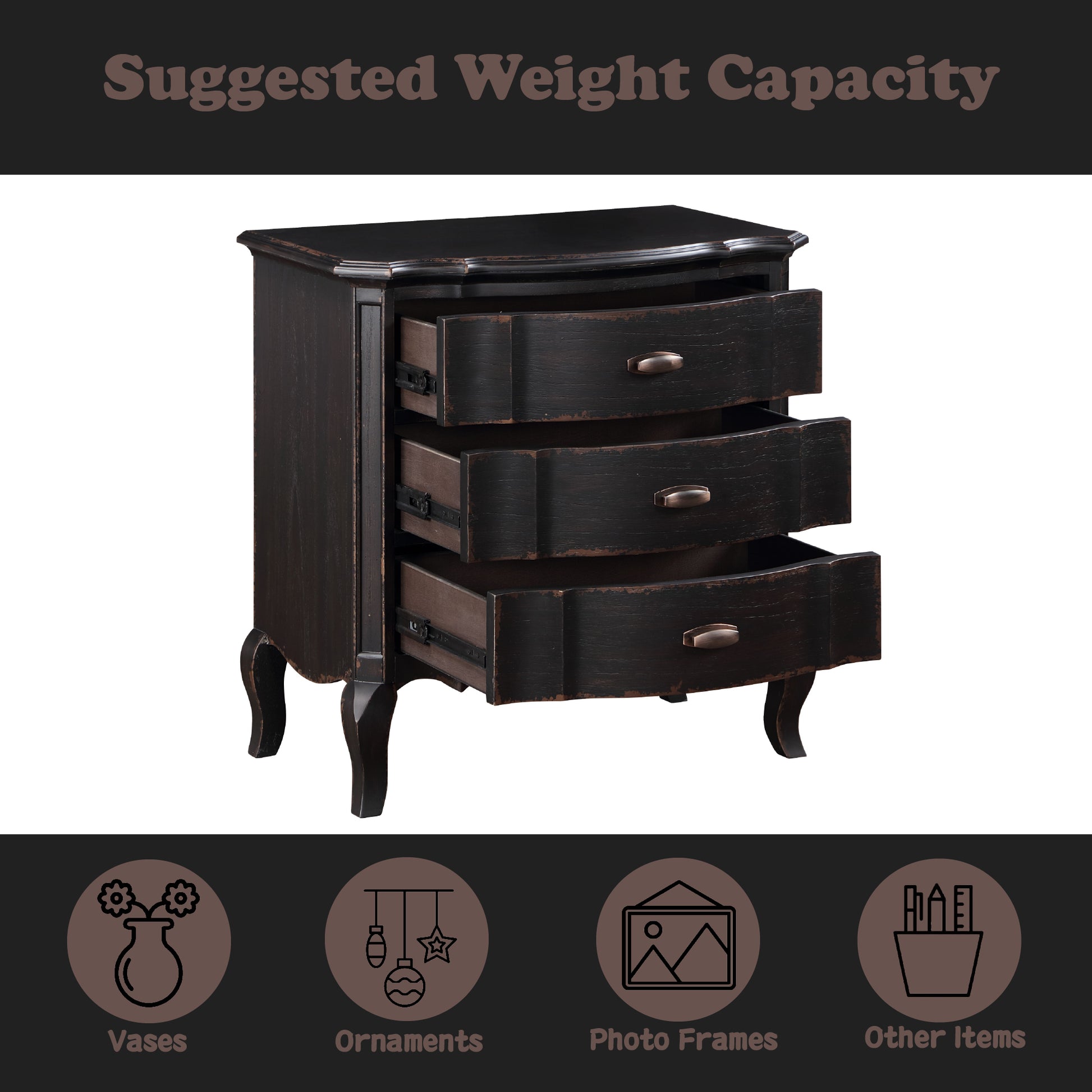 Distressed black wood nightstand with three curved drawers antique bronze pulls