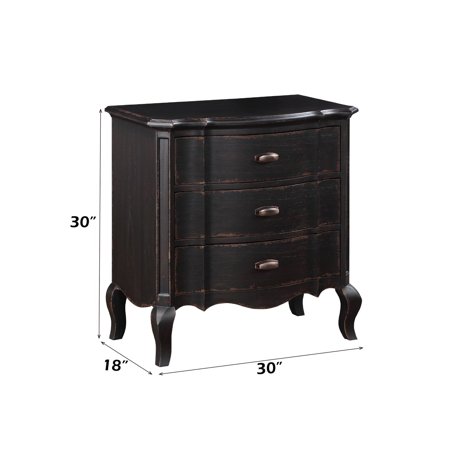 Black distressed drawer nightstand with curved legs and antique bronze pulls