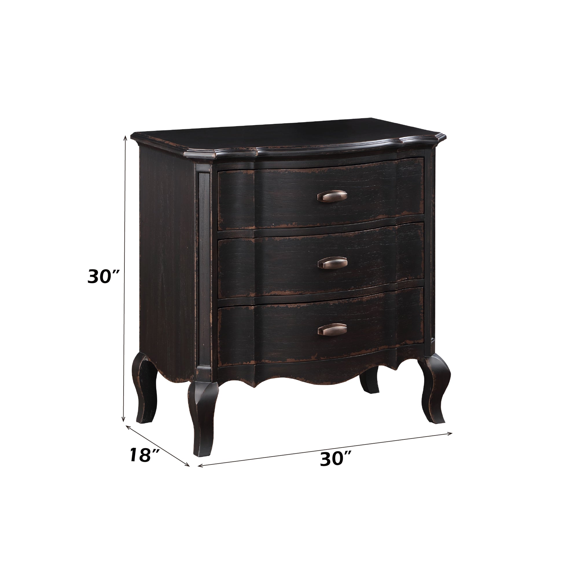 Black distressed drawer nightstand with curved legs and antique bronze pulls