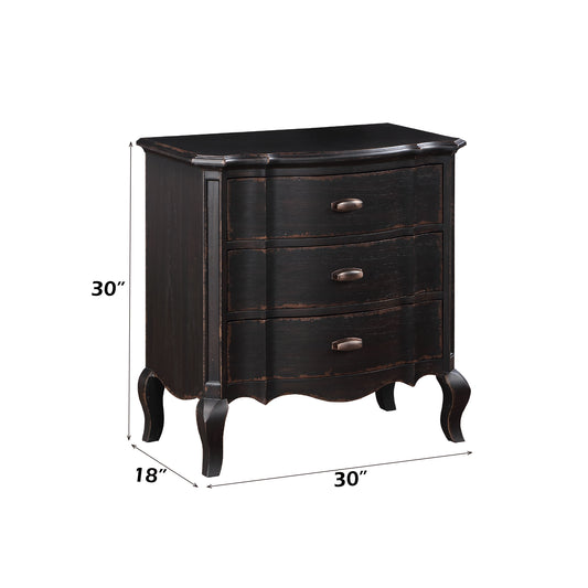 Black distressed drawer nightstand with curved legs and antique bronze pulls
