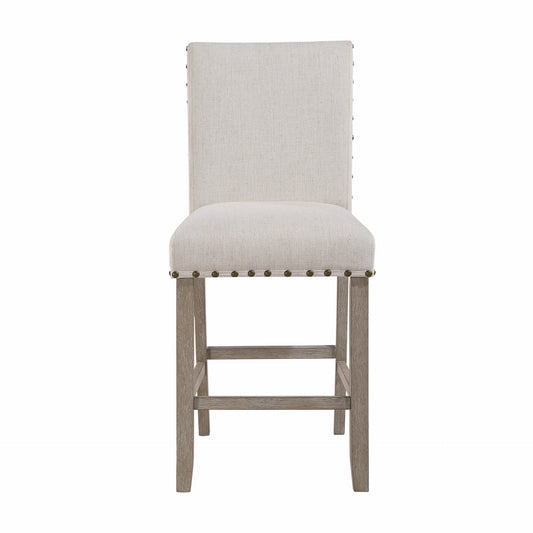 Beige upholstered bar stool with nailhead trim and wooden legs