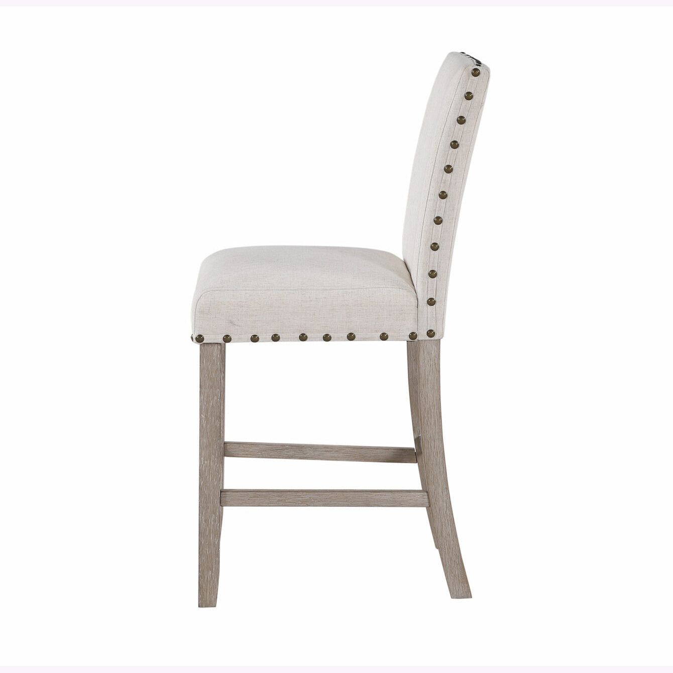 Upholstered beige bar stool with nailhead trim and grey wood legs