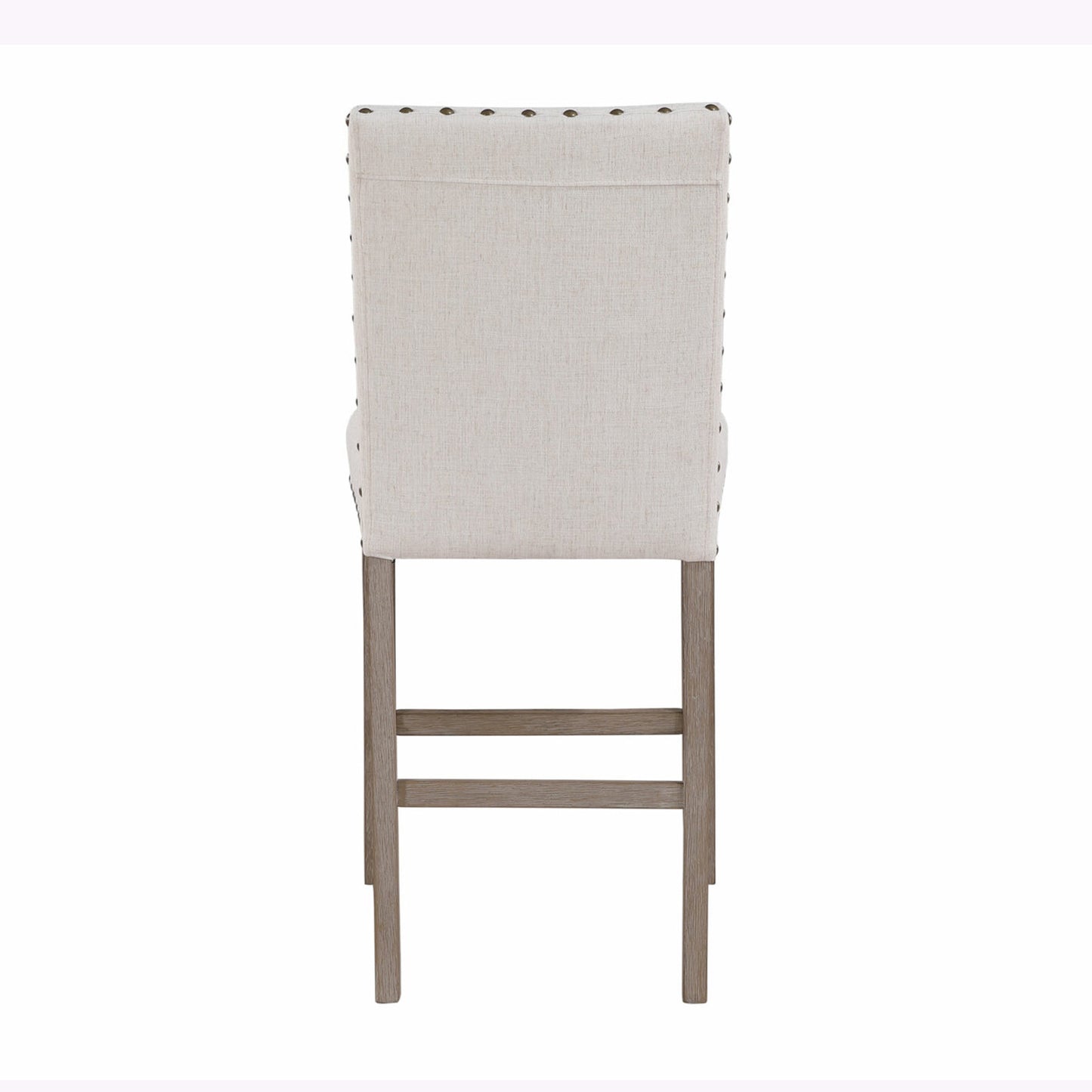 Upholstered natural linen bar stool with nailhead trim and wooden legs