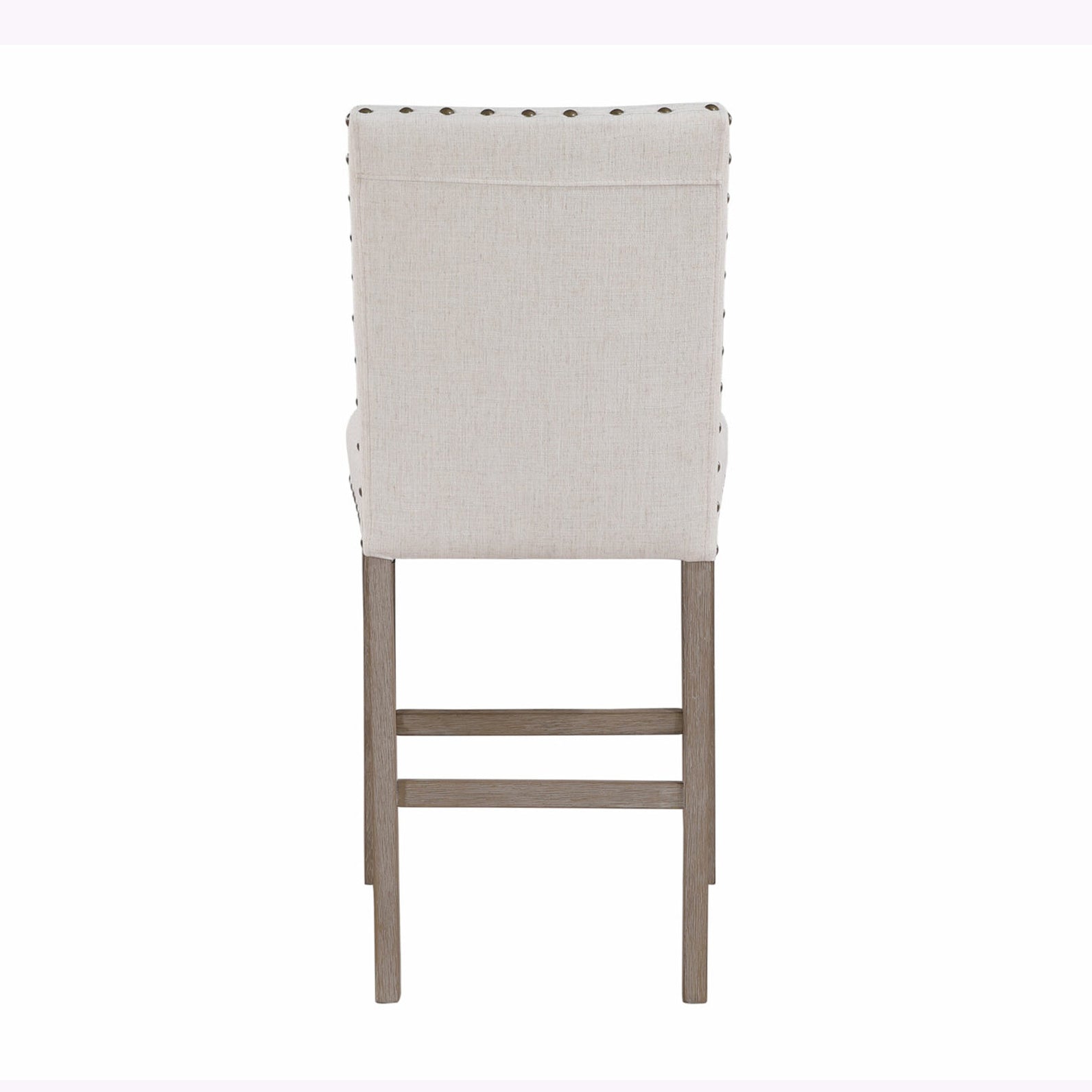 Upholstered natural linen bar stool with nailhead trim and wooden legs