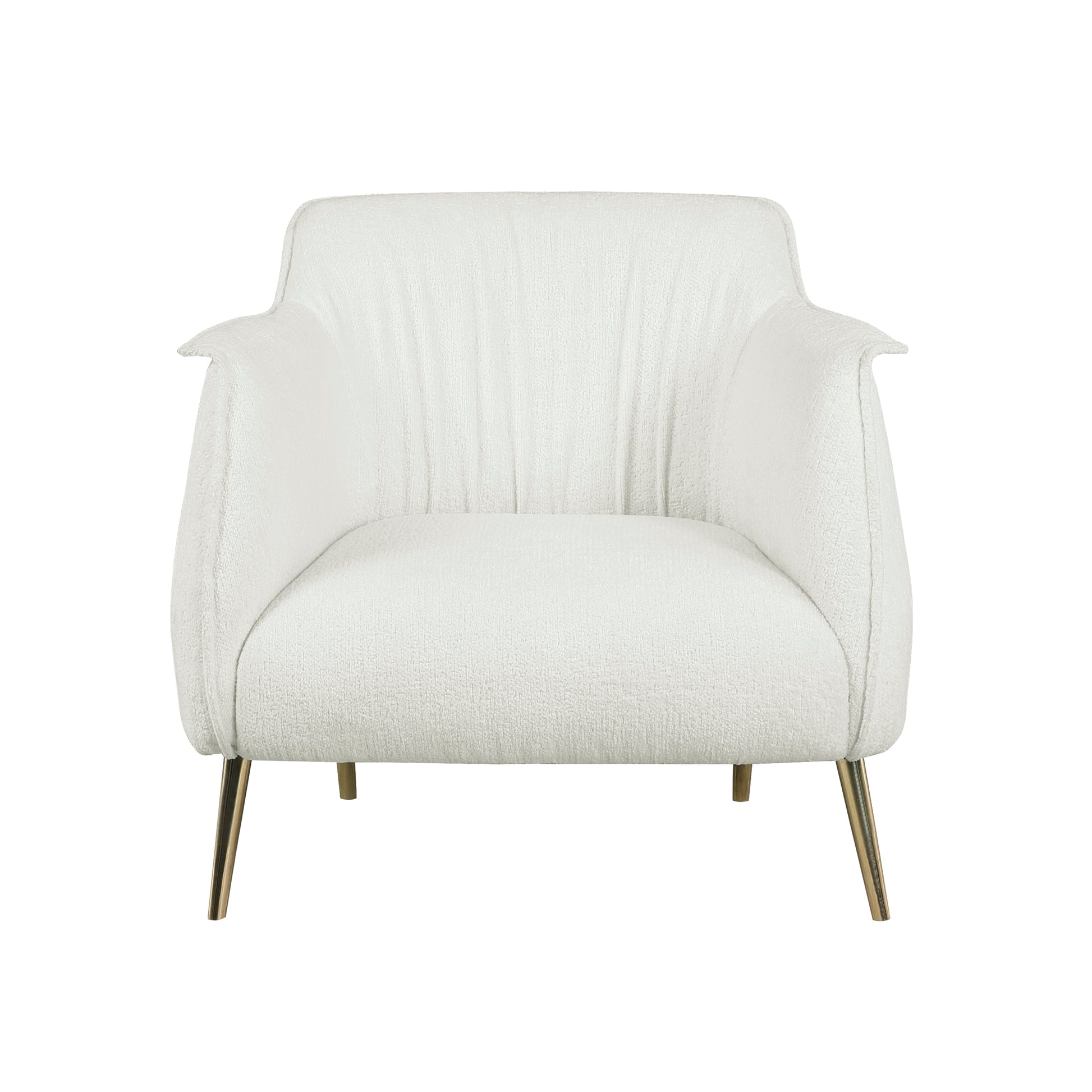 Plush white boucle armchair with sleek gold metal legs perfect for a modern living room