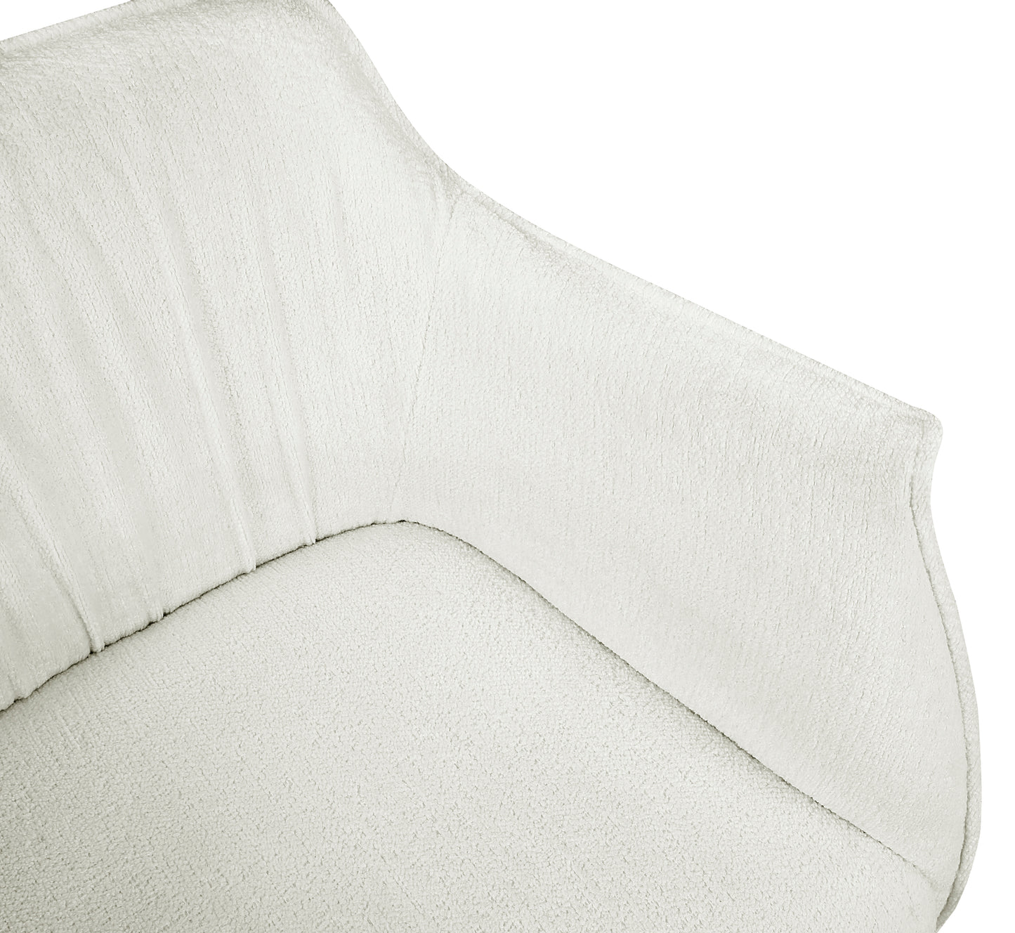Closeup of plush white boucle armchair fabric with textured weave