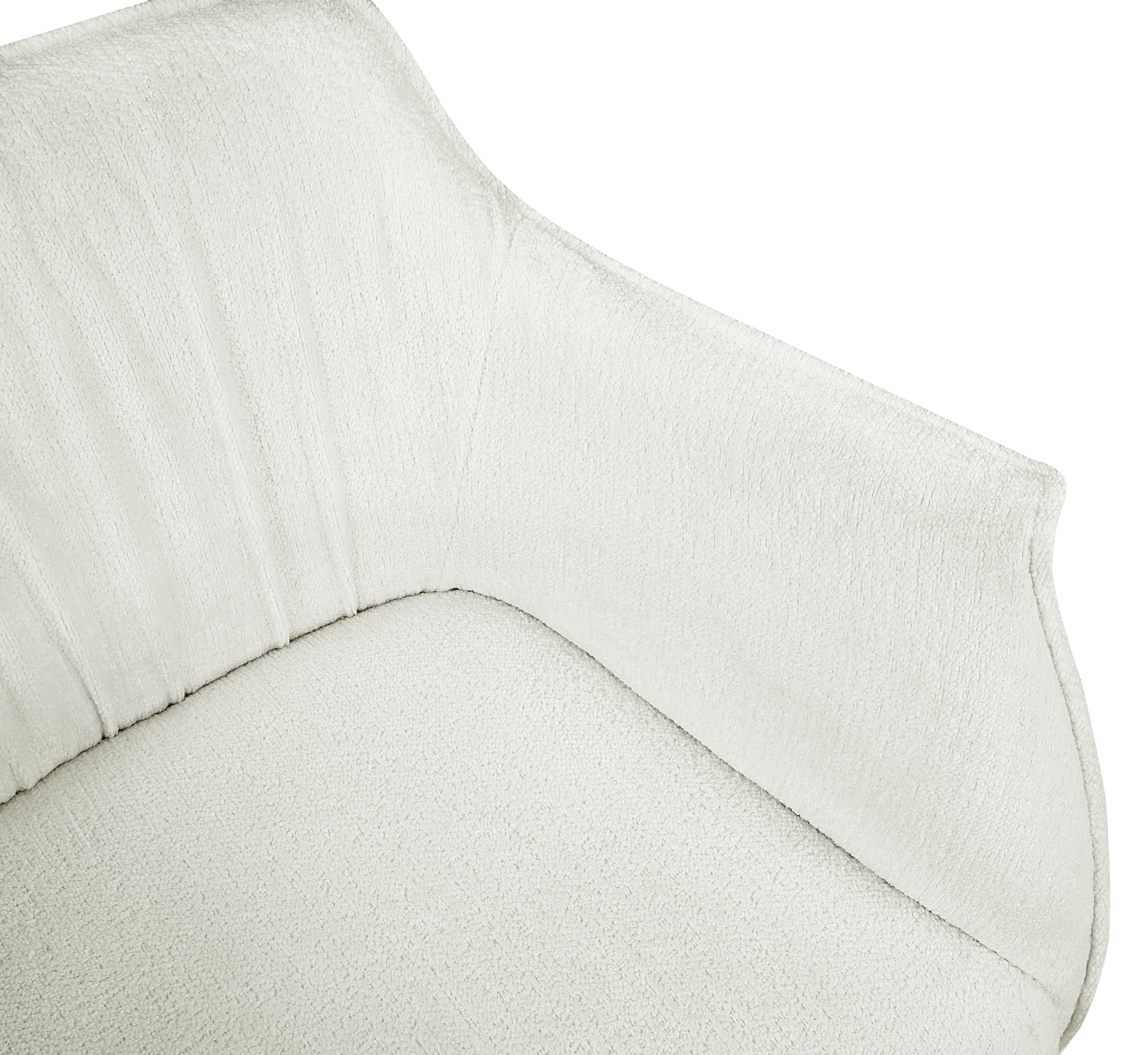 Closeup of plush white boucle armchair fabric with textured weave