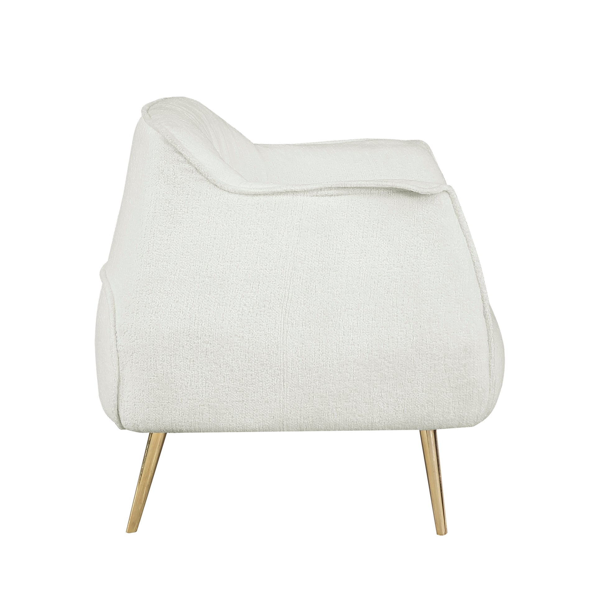 Textured white boucle armchair with modern gold tapered legs