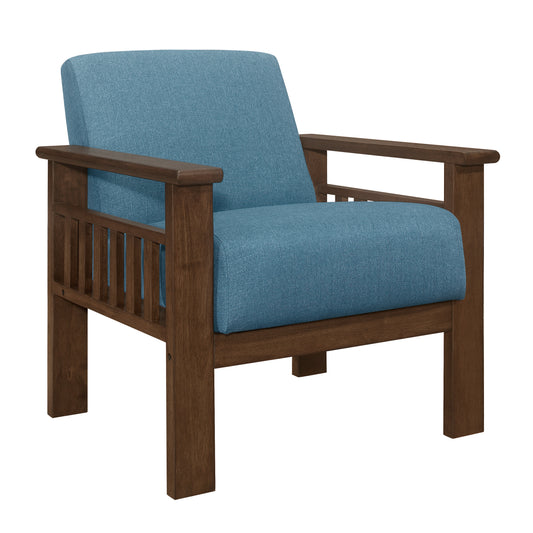 Blue fabric accent chair with dark wood frame and slatted sides modern style