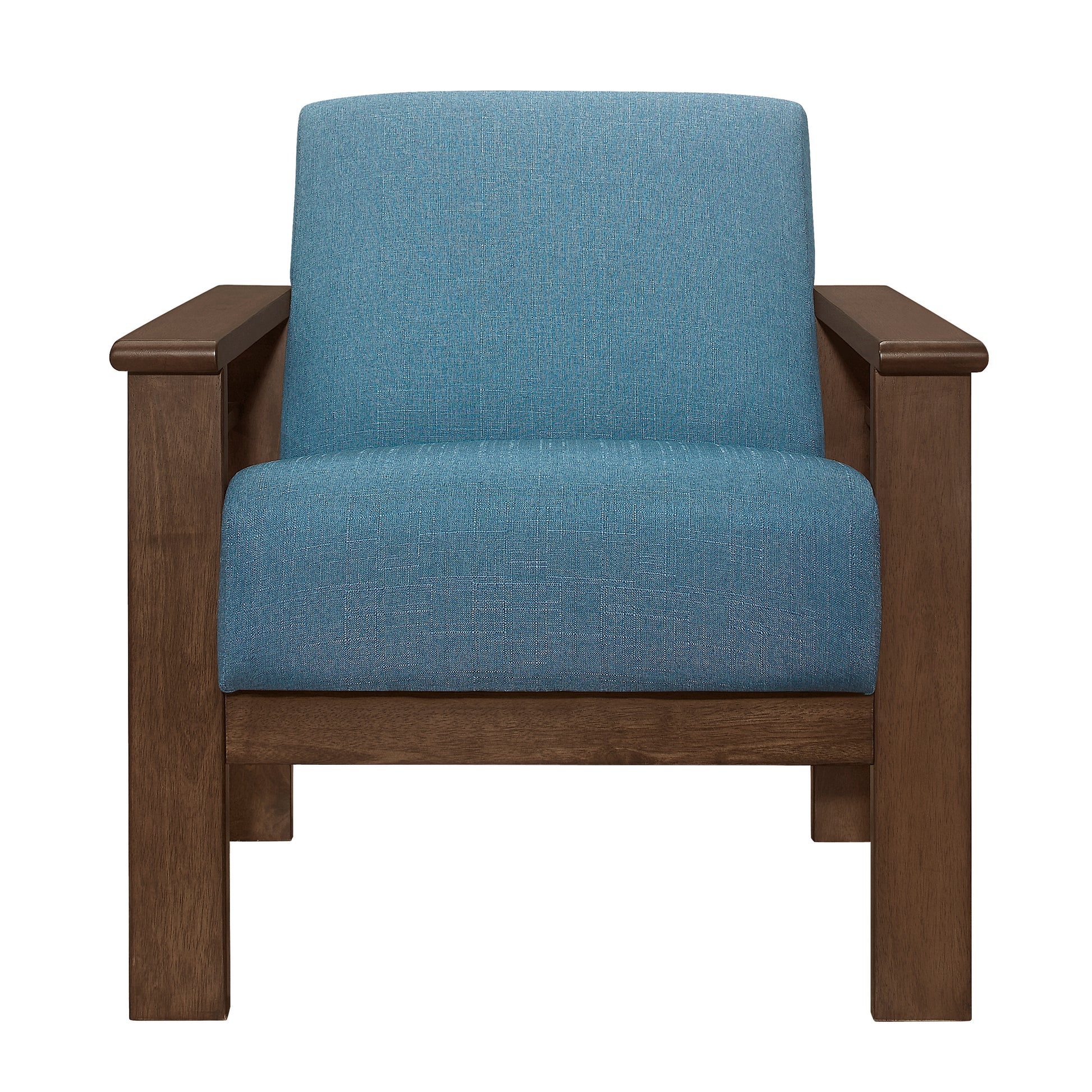 Blue upholstered armchair with dark wood frame modern accent chair for living rooms