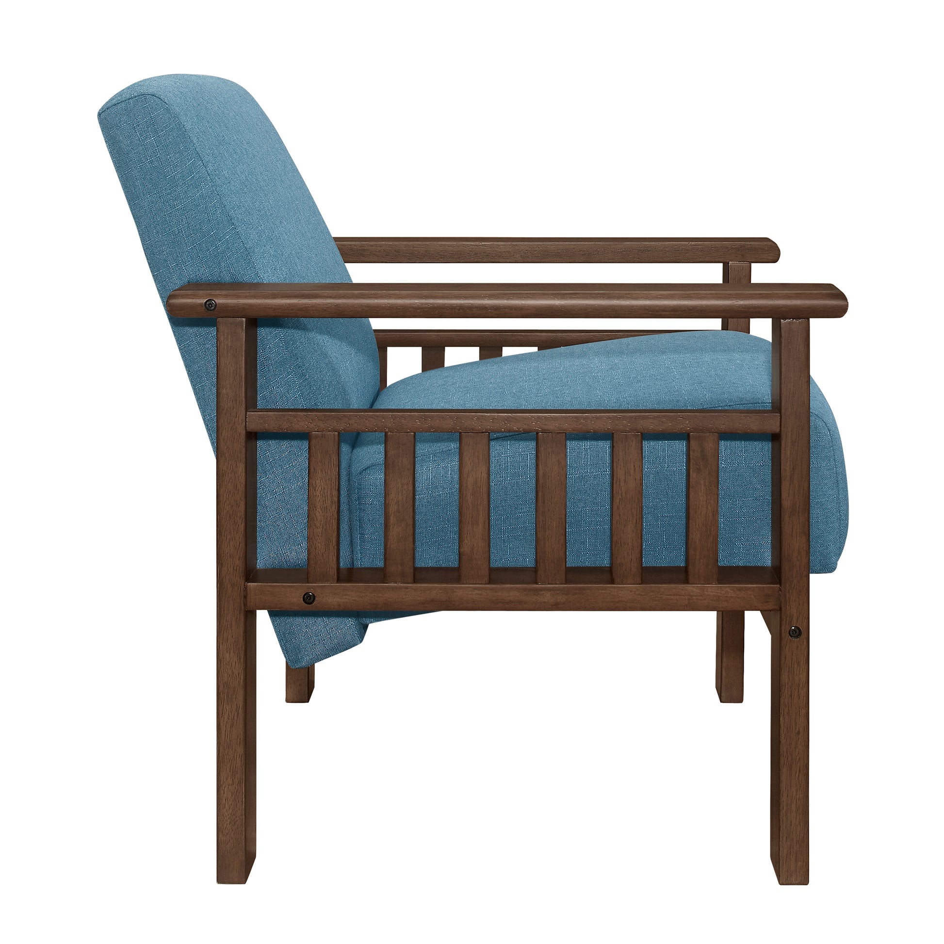 Blue fabric armchair with dark wood frame and slatted accents