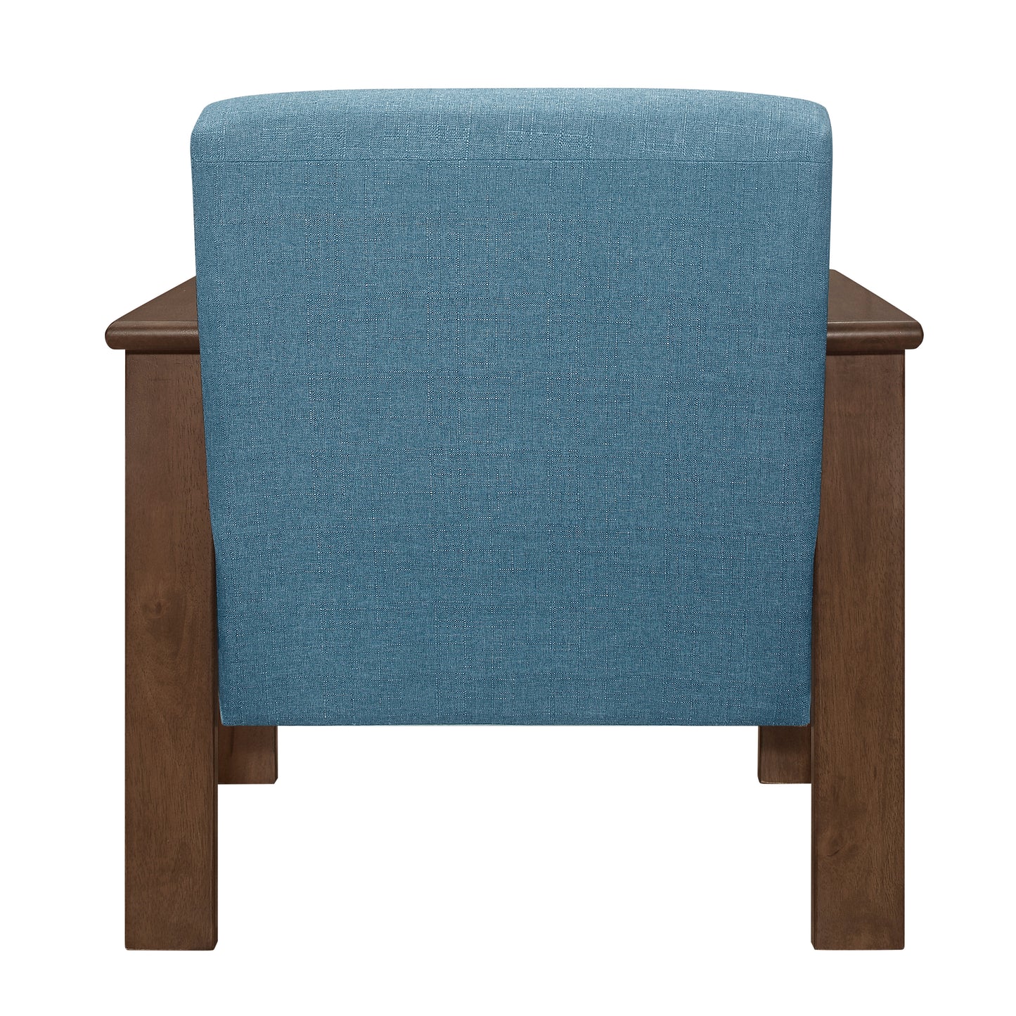 Back view of a blue upholstered armchair with dark wood legs and frame