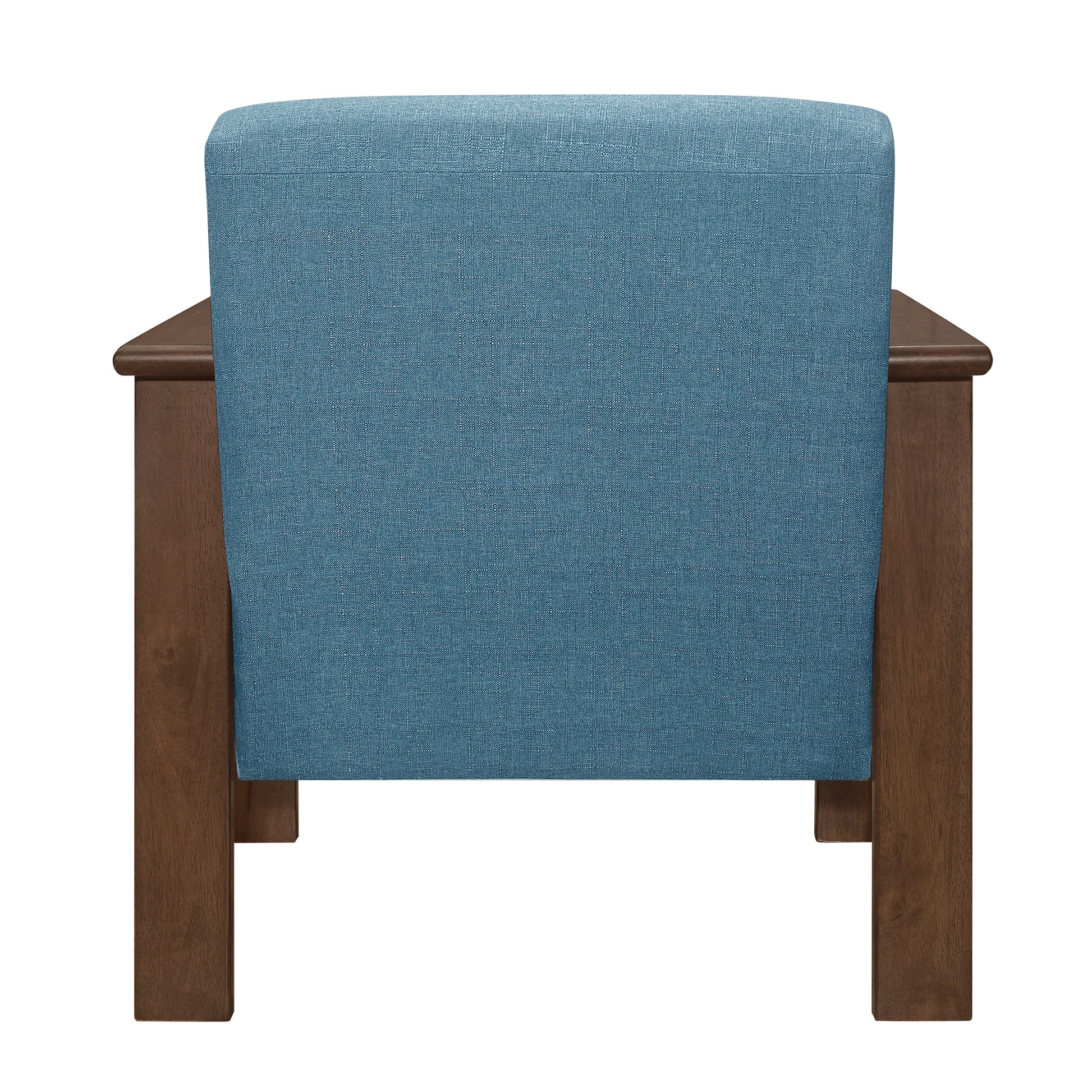 Back view of a blue upholstered armchair with dark wood legs and frame