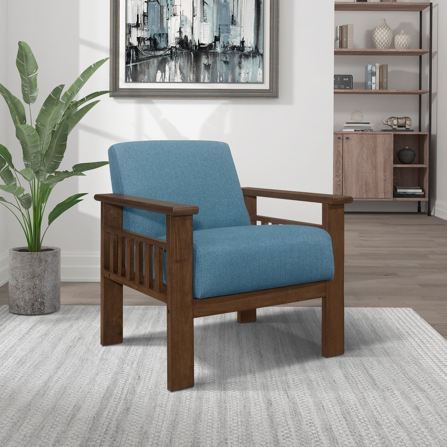 Blue upholstered armchair with dark wood frame and slatted back perfect for modern living rooms