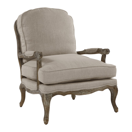 French country armchair with distressed wood frame and beige linen upholstery
