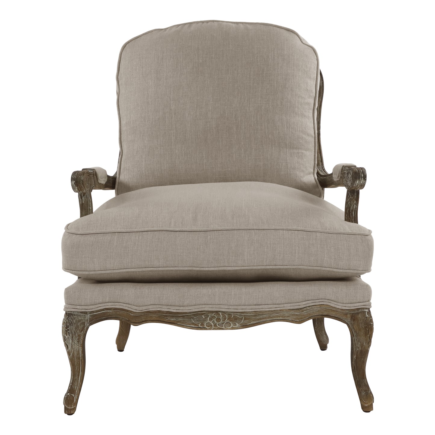 Elegant upholstered armchair with carved wood frame perfect for a refined living room