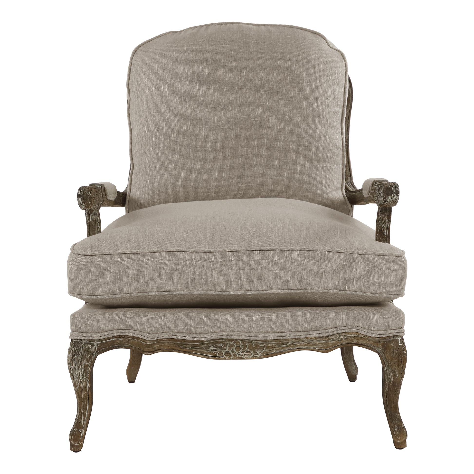Elegant upholstered armchair with carved wood frame perfect for a refined living room