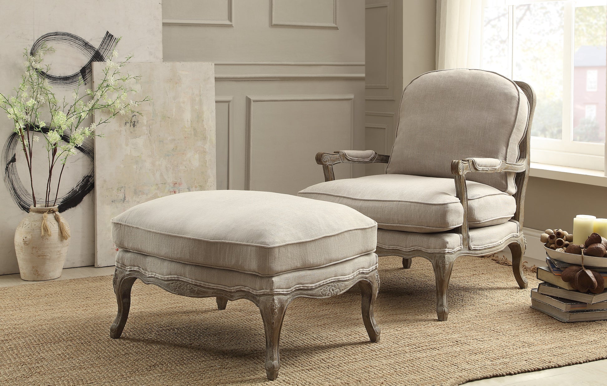 Elegant french country armchair in neutral beige linen perfect for living room seating