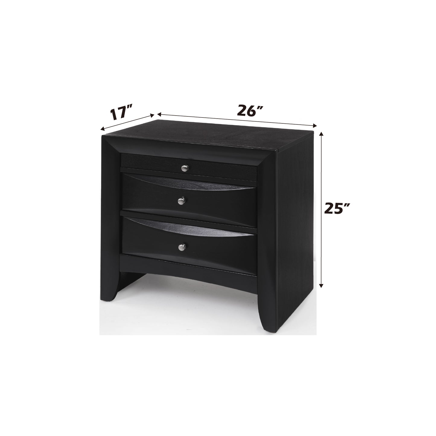 Black modern nightstand with three curved drawers and silver knobs  W x  D x  H