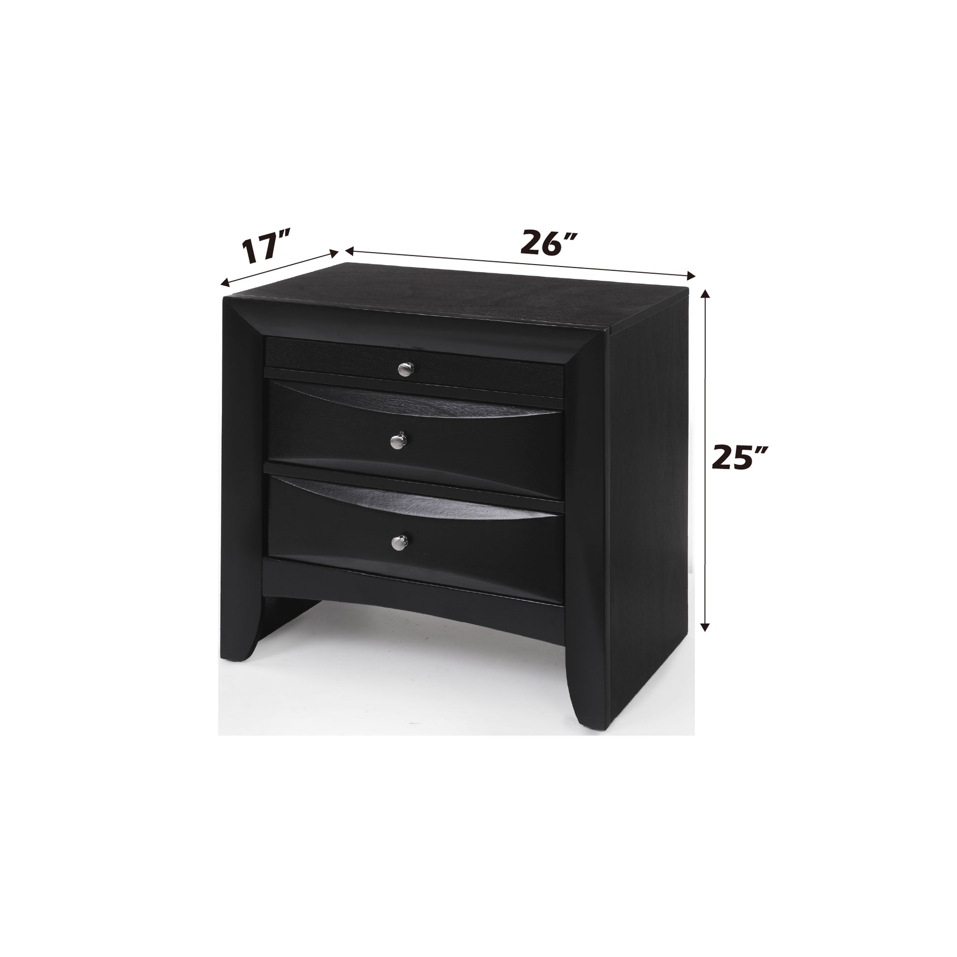 Black modern nightstand with three curved drawers and silver knobs  W x  D x  H