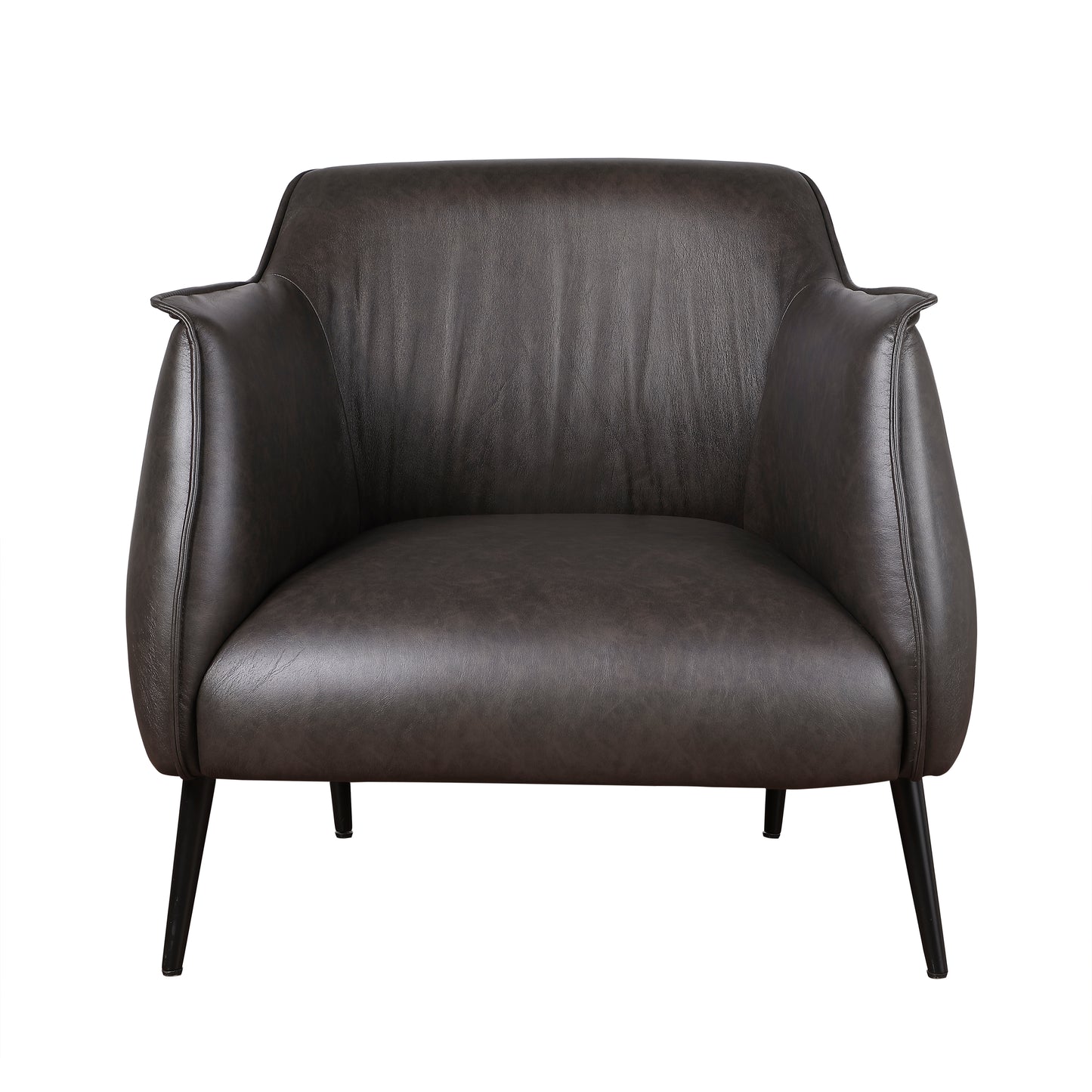 Dark brown leather accent chair with tapered black metal legs for a modern living room