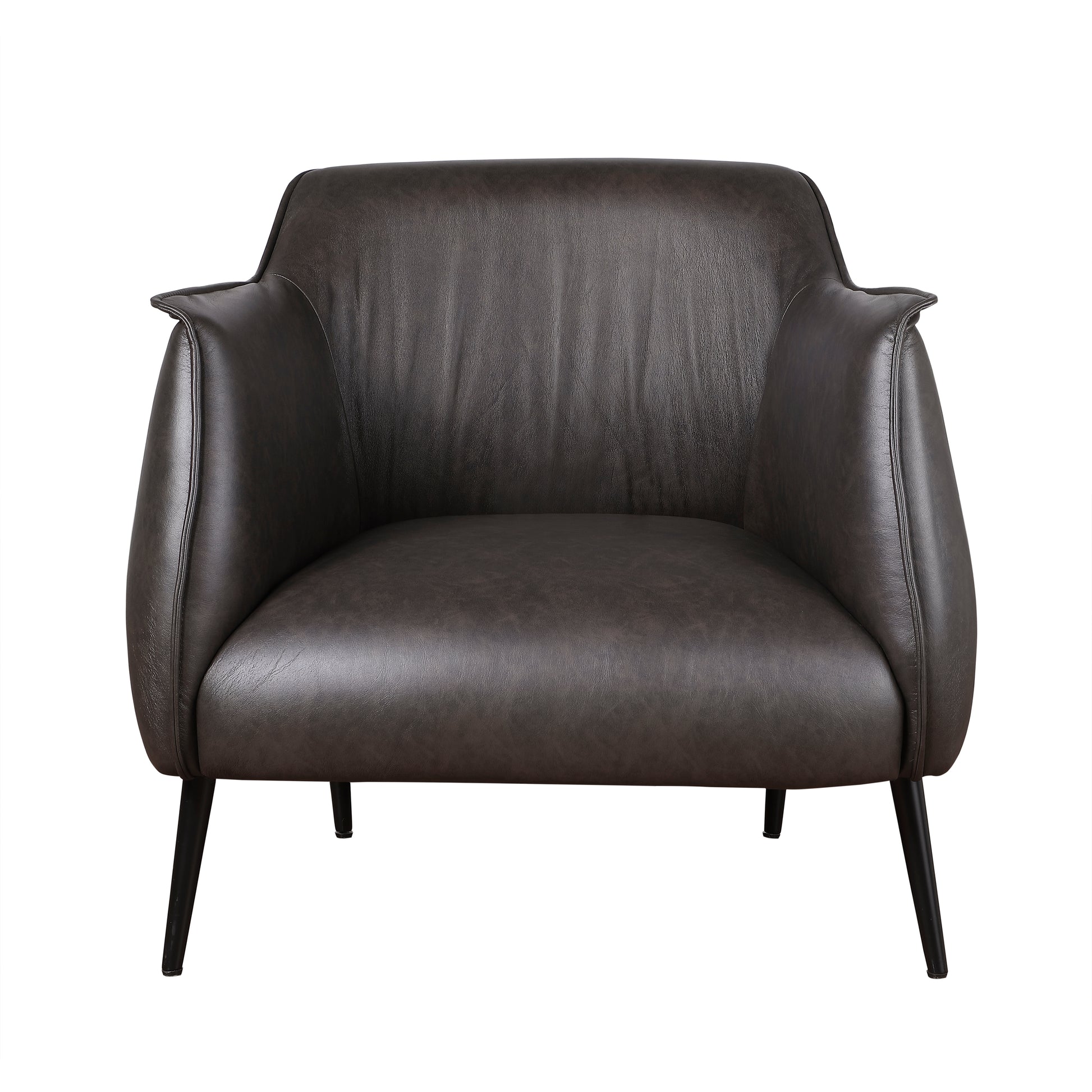 Dark brown leather accent chair with tapered black metal legs for a modern living room