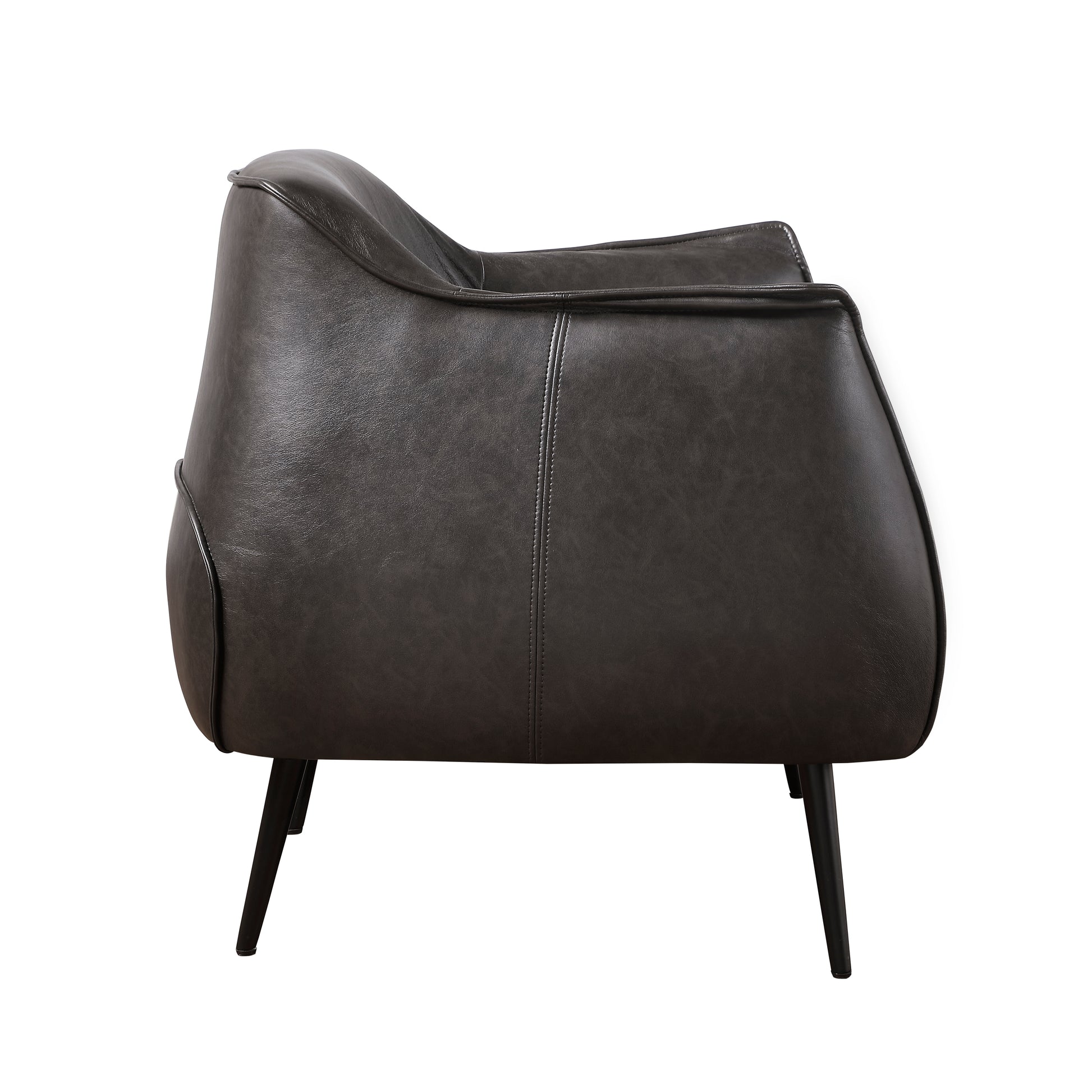 Dark grey faux leather armchair with modern tapered legs