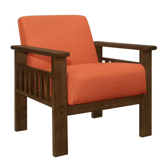 Comfortable orange upholstered armchair with dark wood frame and slatted sides