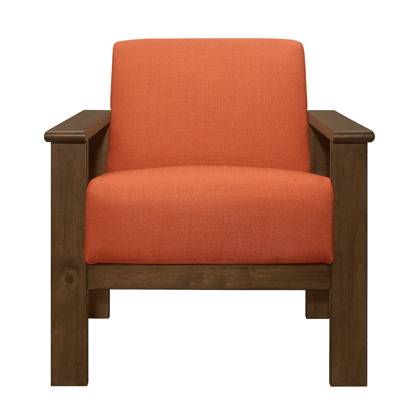 Orange linen armchair with dark wood frame and arms modern living room chair