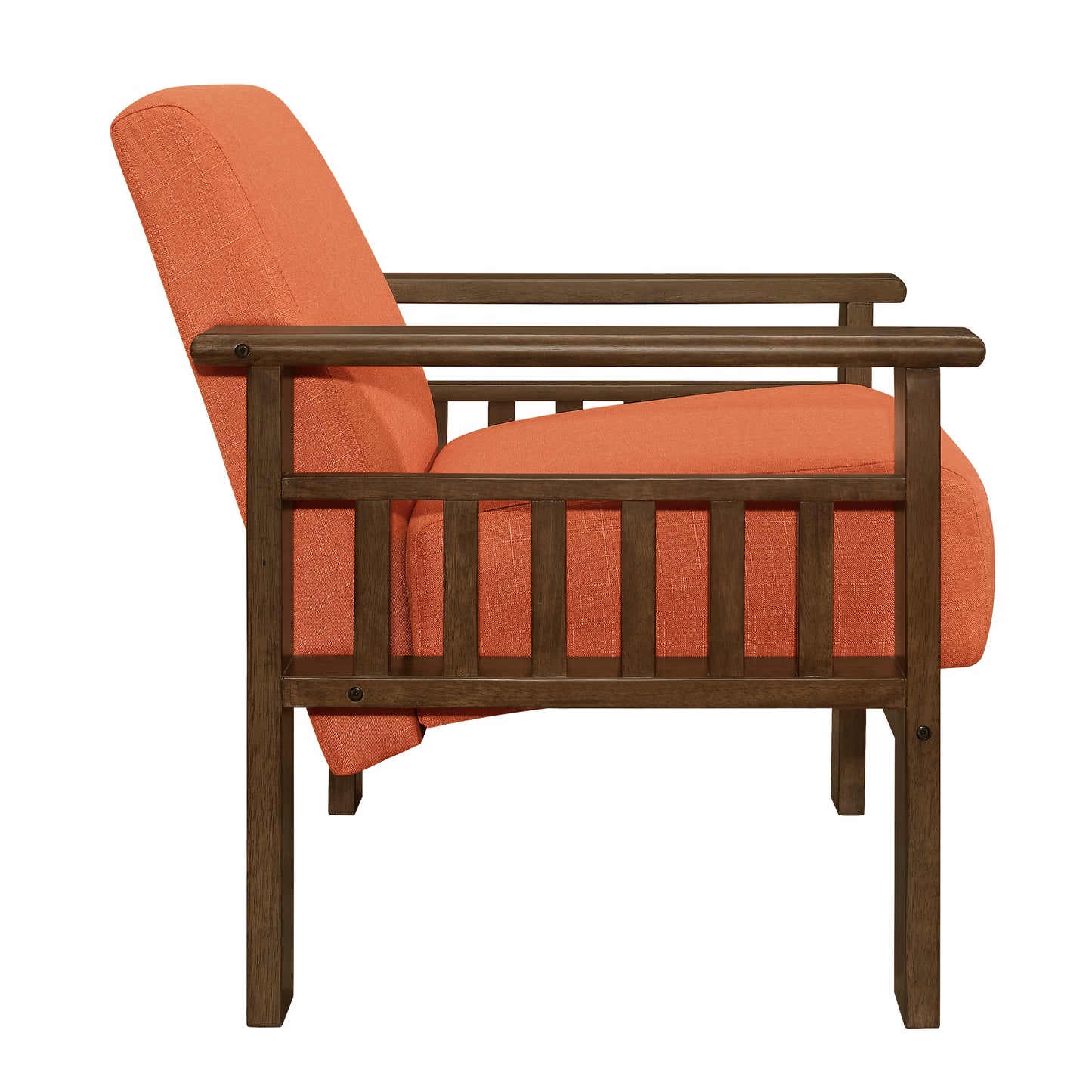 Orange fabric armchair with dark wood frame midcentury modern style
