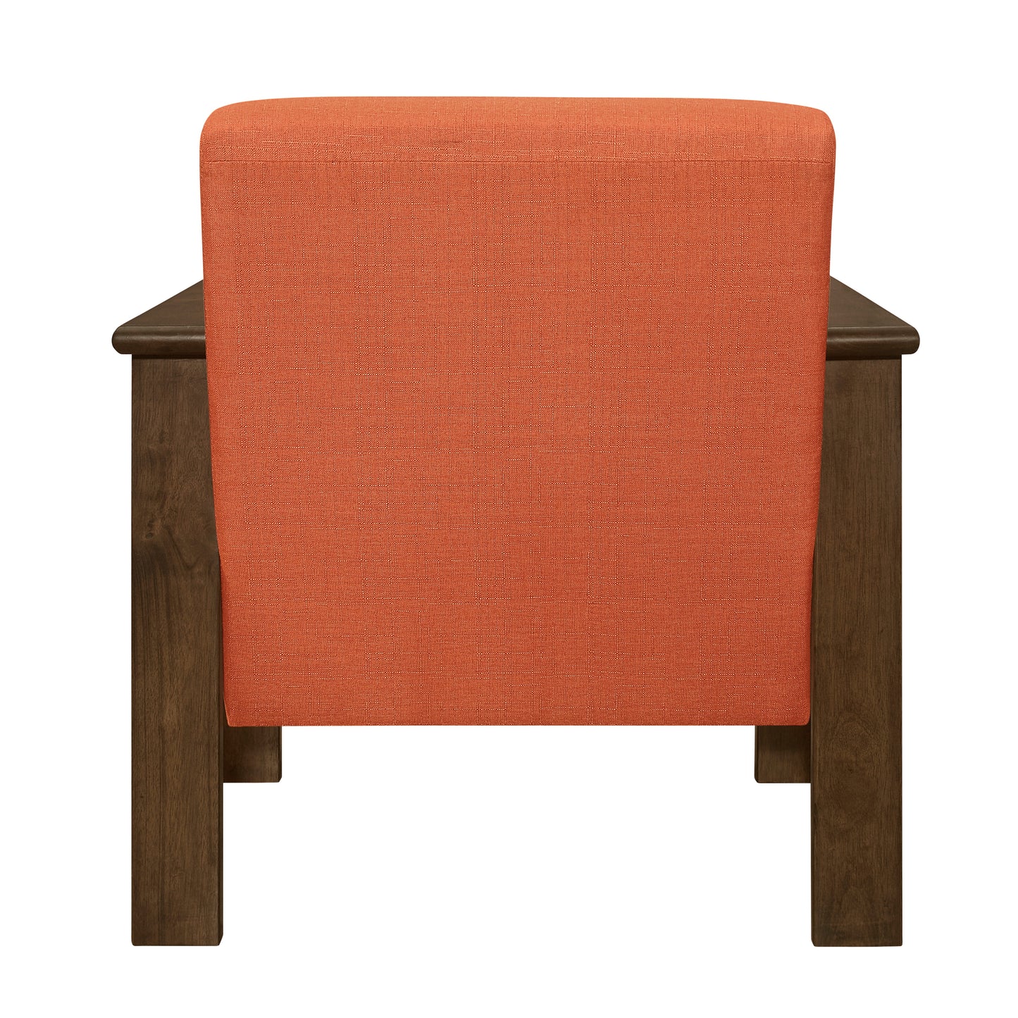Orange upholstered armchair with dark wood legs back view