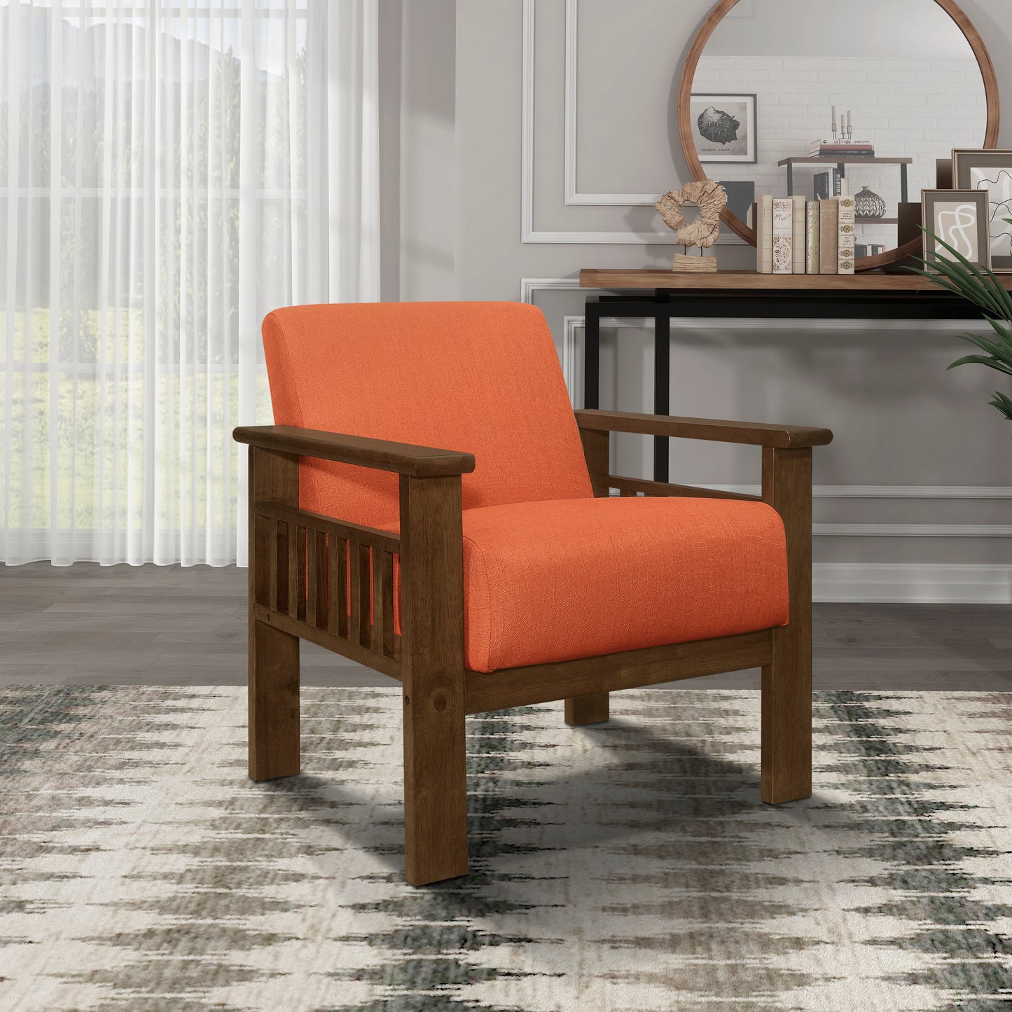 Orange upholstered accent chair with dark wood frame and slatted sides