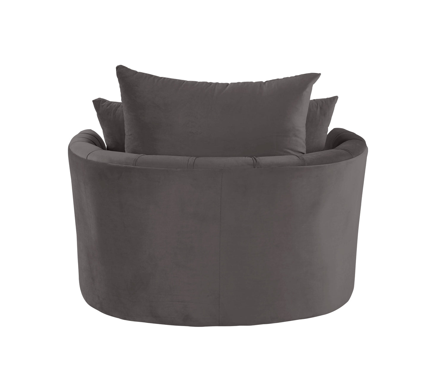 Plush charcoal velvet swivel armchair with deep seat and two lumbar pillows