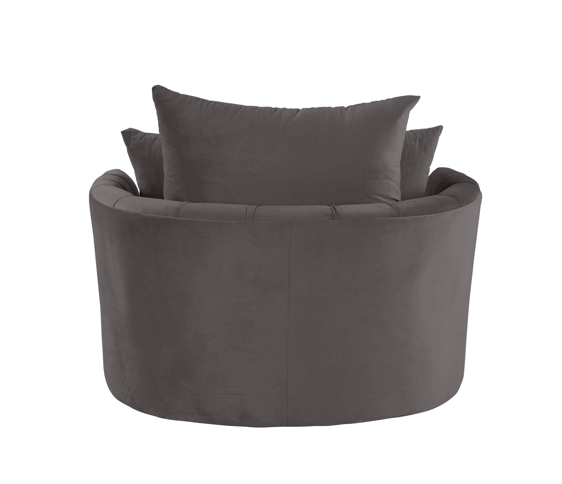 Plush charcoal velvet swivel armchair with deep seat and two lumbar pillows