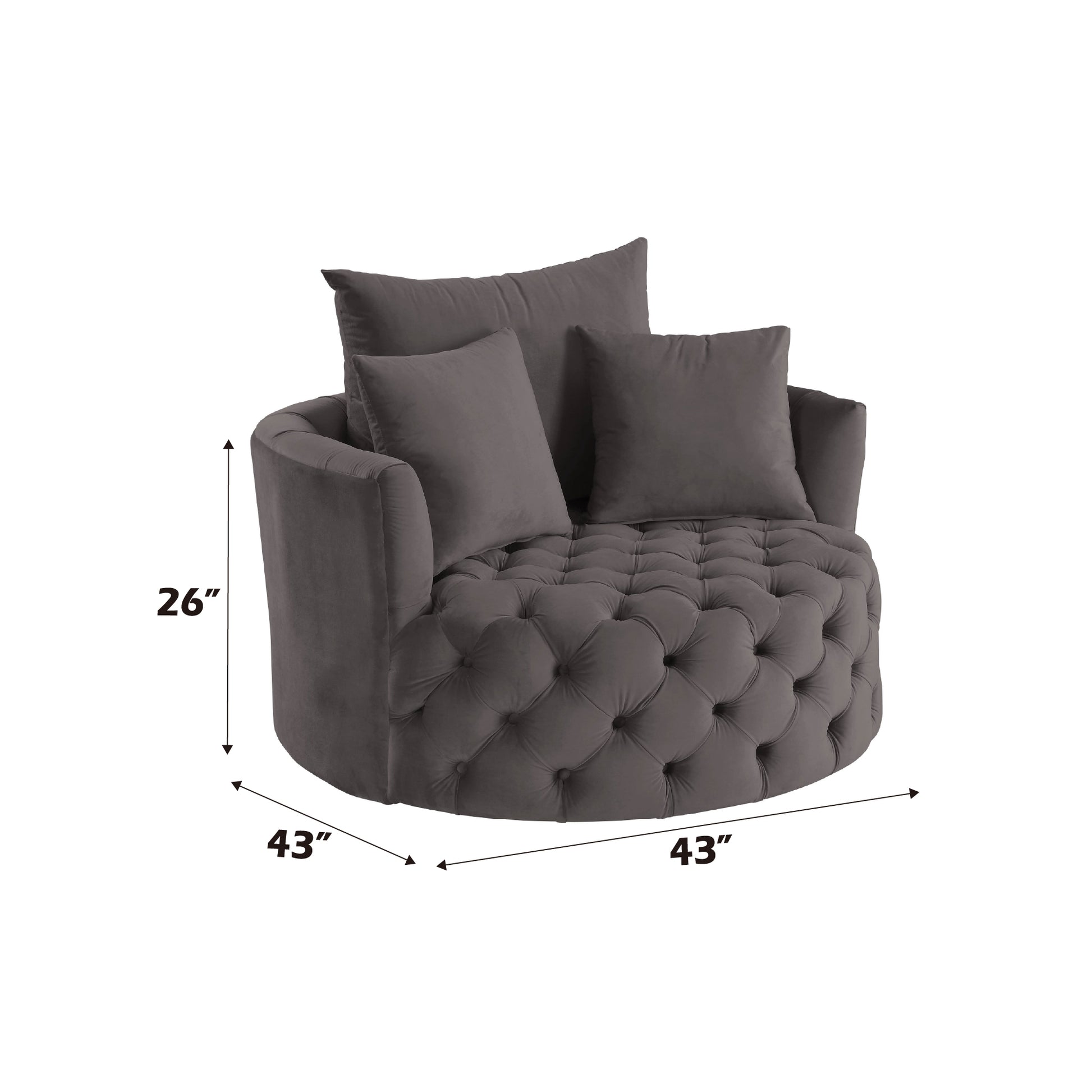 Tufted grey velvet accent chair with plush throw pillows and rolled arms