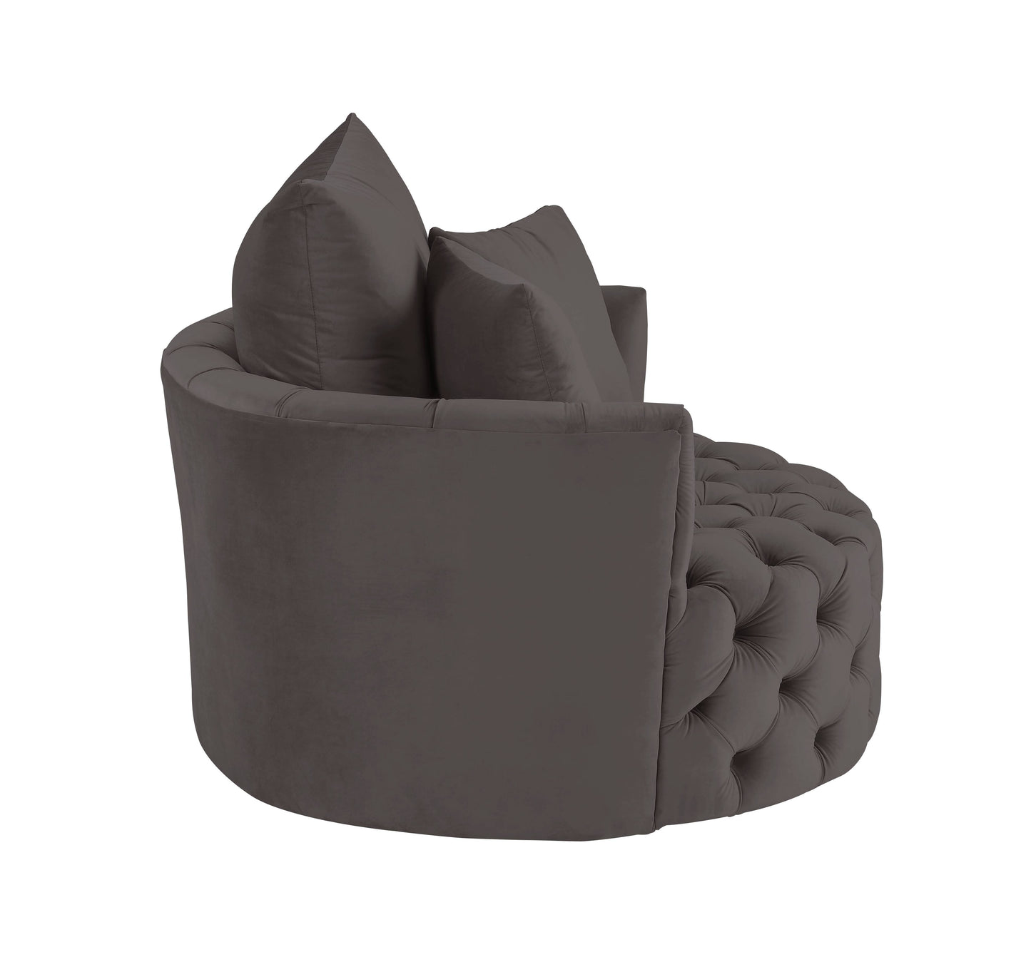 Dark grey velvet swivel accent chair with tufted detailing and two plush throw pillows
